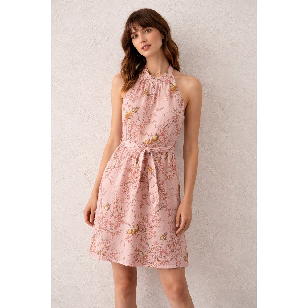 Vintage Moods 90s Cherry Blossom Bird‎ Print Halter Neck Dress 6 Made in USA